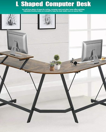 FDW Computer Desk, 51 Inchs L Shaped Desk with Large Monitor Stand Home Office Gaming Corner Desk Writing Study Workstation,Space-Saving - LeafyLoom