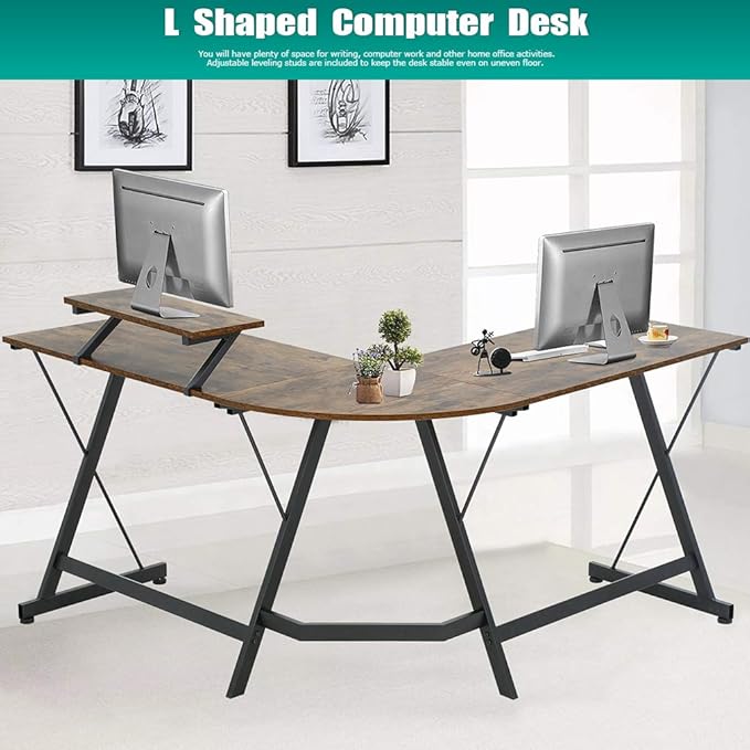 FDW Computer Desk, 51 Inchs L Shaped Desk with Large Monitor Stand Home Office Gaming Corner Desk Writing Study Workstation,Space-Saving - LeafyLoom