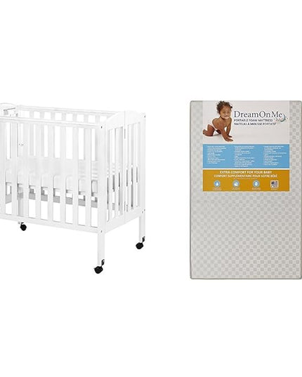 3 in 1 Portable Folding Stationary Side Crib with Dream On Me 3 Portable Crib Mattress, White - LeafyLoom