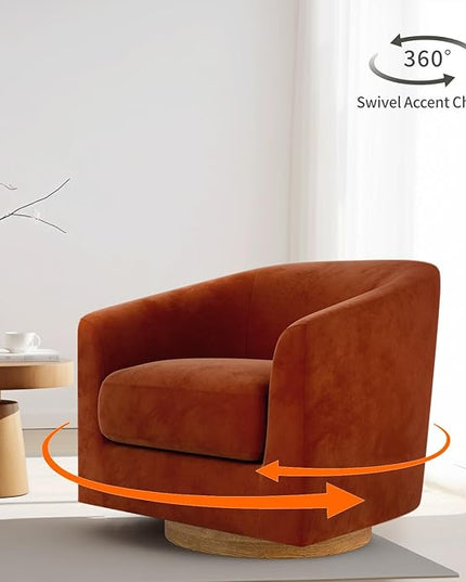 MUUEGM Accent Chair with Arms, 360 Degree Swivel Accent Chair with Wood Base, Modern Barrel Chair for Living Room, Bedroom, Waiting Room, Fully Assembled,Performance Fabric in Mature Brown - LeafyLoom