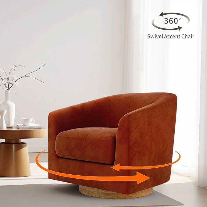 MUUEGM Accent Chair with Arms, 360 Degree Swivel Accent Chair with Wood Base, Modern Barrel Chair for Living Room, Bedroom, Waiting Room, Fully Assembled,Performance Fabric in Mature Brown - LeafyLoom