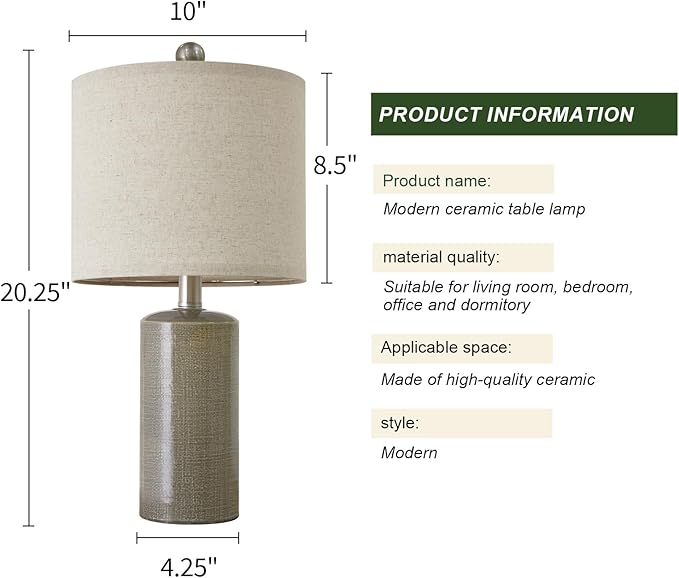 20.25" Small Table Lamps Set of 2 Modern Ceramic Lamps for Living Room Farmhouse Bedside Lamps Boho Lamps for Night Stands Grey Bedroom Lamps Side Table Lamps End Table Lamps - LeafyLoom