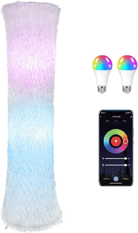 Floor Lamp with Two LED Bulbs, RGB Full Color Changing, Music Sync, Fabric Shade with Faux Feather Tassels Finish - LeafyLoom