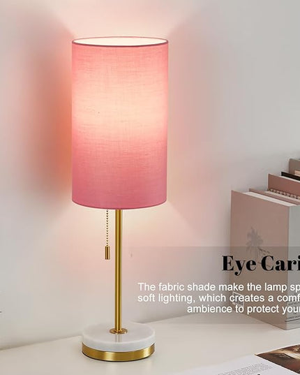 Luvkczc Minimalist Table Lamp Set of 2, Nightstand Lamp for Bedroom Living Room, Modern Pull Chain Bedside Lamp with Marble Base, Fabric Shade, Small Desk Lamp for Home, Office, Reading,Pink - LeafyLoom