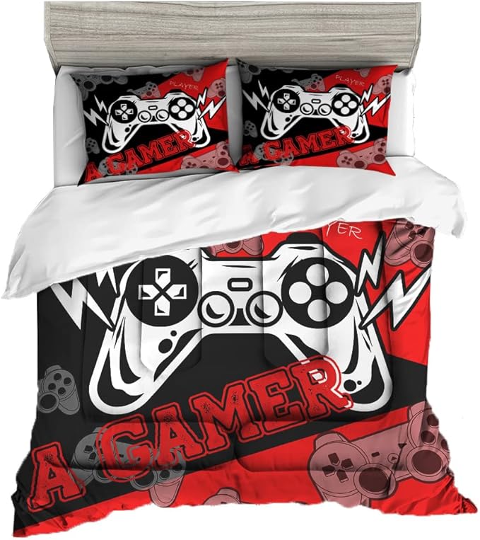 Sunnycitron Gamer Bedding Set for Boys Gamer Comforter sets Queen Gaming Bedding Kid's Comforter Set Boys Teen Gamepad Gaming Comforter,1 Comforter 2 Pillowcases - LeafyLoom
