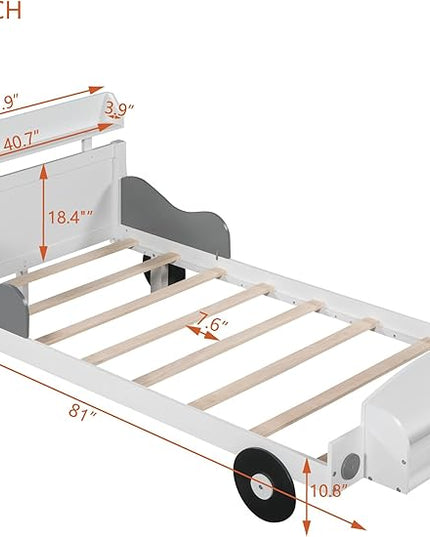 Twin Size Car-Shaped Platform Bed with 2 Storage Shelf,Kids Cars Beds W/Wheels,Slats Support,Saving Space,Easy Assembly,Wood Car Bedframe for Boys Toddlers Teens Bedroom,White - LeafyLoom