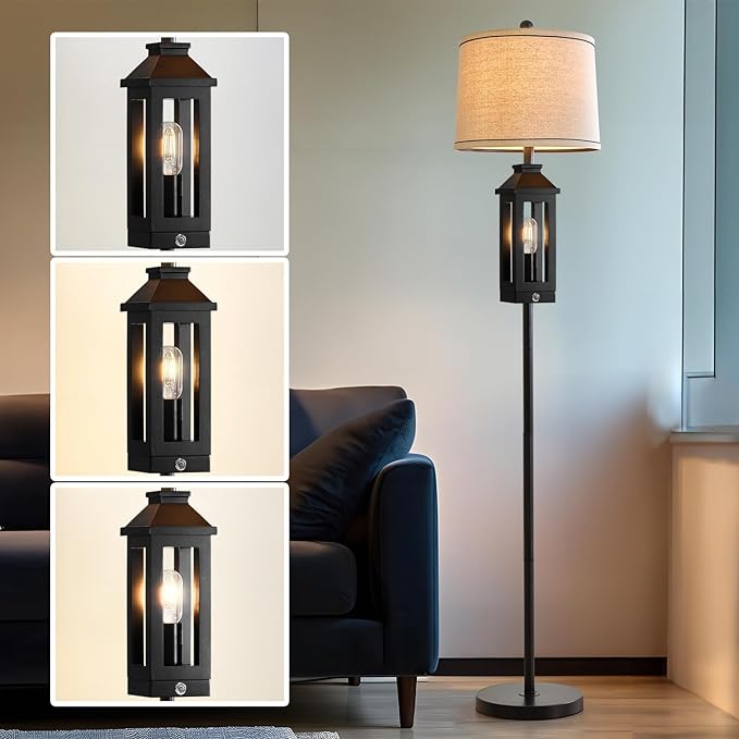 63" Floor Lamps for Living Room Bedside Nightstand Lamp All Black Tall Standing Lamp for Home Decor Bedroom Reading Lamp Farmhouse Rustic Bed Lights with 2 Light Sources (2 Bulbs) - LeafyLoom