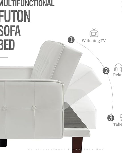 IULULU Futon Sofa Bed, Modern Convertible Faux Leather Sleeper Couch with Armrests for Studio, Office, Apartment, Compact Living, Game Room, Overnight Guests, Retro White - LeafyLoom