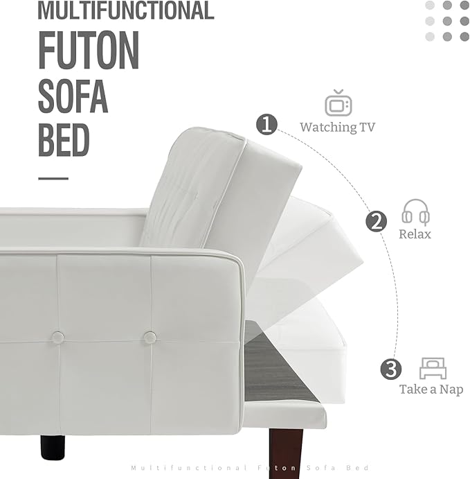 IULULU Futon Sofa Bed, Modern Convertible Faux Leather Sleeper Couch with Armrests for Studio, Office, Apartment, Compact Living, Game Room, Overnight Guests, Retro White - LeafyLoom