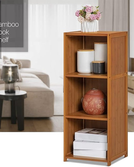 MoNiBloom Narrow Bookcase Bamboo 3 Tier Free Standing Tall Bookshelf Display Storage Shelves Space Saver for Home Living Room Study Room, Brown - LeafyLoom