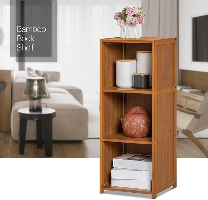 MoNiBloom Narrow Bookcase Bamboo 3 Tier Free Standing Tall Bookshelf Display Storage Shelves Space Saver for Home Living Room Study Room, Brown - LeafyLoom
