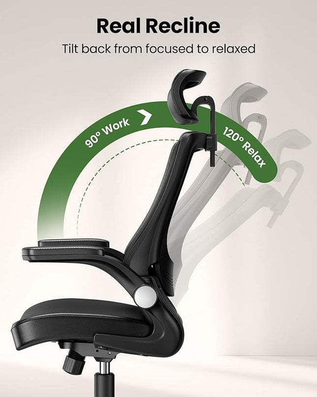 Marsail Office Chair Ergonomic Desk-Chair: Mesh Back Computer Chair with PU Leather Seat,Adjustable Lumbar Support&Flip-up Armrests, Adjustable Height Home Office Desk Chairs - LeafyLoom