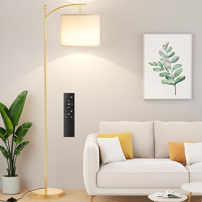 Ambimall Floor Lamp with Remote Control and Stepless Dimmable Bulb, Colors Temperature & Brightness Adjustable, Modern Floor Lamps for Living Room（White Shade & Gold Pole） - LeafyLoom