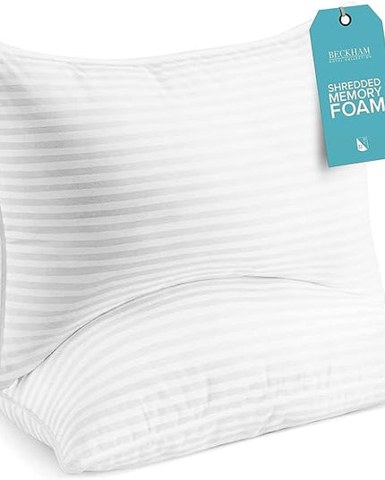 Beckham Hotel Collection King Size Memory Foam (Adjustable Fill) Bed Pillows Set of 2 - Cooling Shredded Foam Pillow for Back, Stomach or Side Sleepers - LeafyLoom