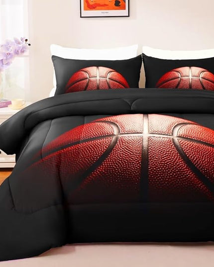 Teens Boys Sports Comforter Set Queen,Basketball Bedding Set for Kids,Sports Orange Basketball Comforter Sets,Black Teenage Boy Bedroom Bed Set 3 Pieces with Pillowcases - LeafyLoom