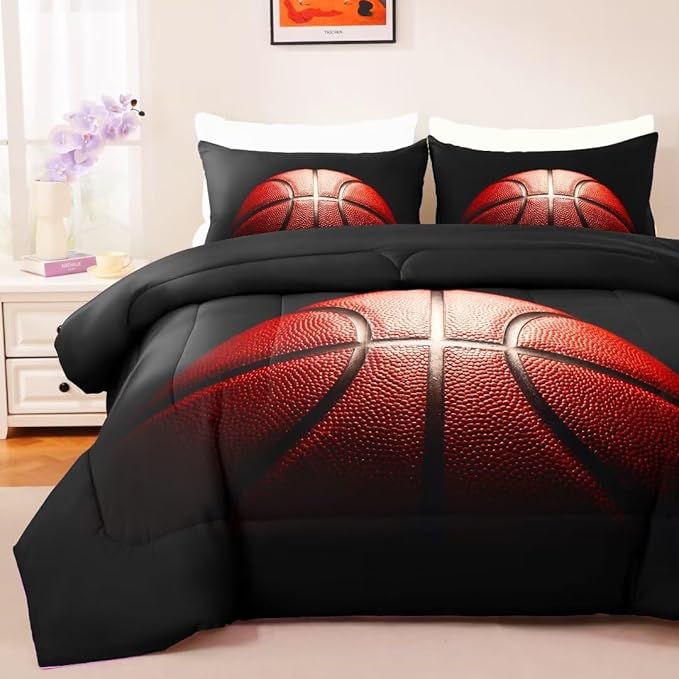 Teens Boys Sports Comforter Set Queen,Basketball Bedding Set for Kids,Sports Orange Basketball Comforter Sets,Black Teenage Boy Bedroom Bed Set 3 Pieces with Pillowcases - LeafyLoom