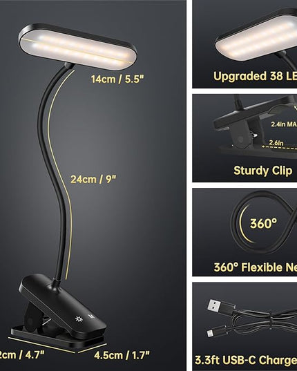 Clip on Desk Lamp, Battery Powered Reading Light with Strong Clamp - 5 Colors 5 Brightness, USB Rechargeable Portable Cordless Book Lamp for Bed Headboard Table Bedside Home Office (Black) - LeafyLoom