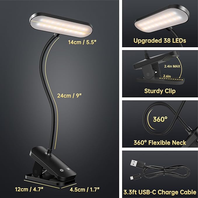 Clip on Desk Lamp, Battery Powered Reading Light with Strong Clamp - 5 Colors 5 Brightness, USB Rechargeable Portable Cordless Book Lamp for Bed Headboard Table Bedside Home Office (Black) - LeafyLoom
