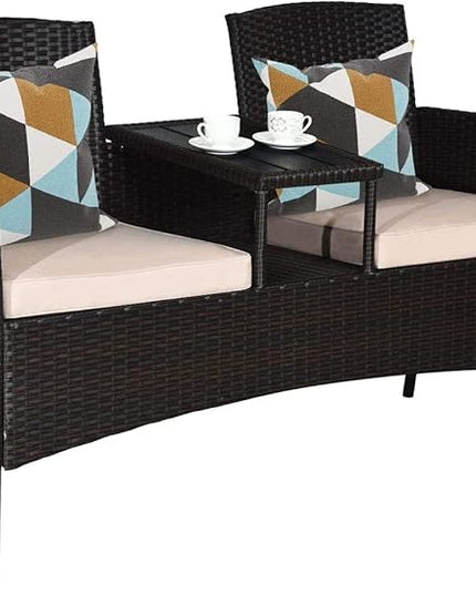 LUARANE Outdoor Rattan Sofas, Contract Patio Conversation Set Wicker Sofa Set with Built-in Coffee Table, Patio Furniture Set with Cushions, Rattan Loveseat for Lawn Backyard Garden (Brown+Beige) - LeafyLoom