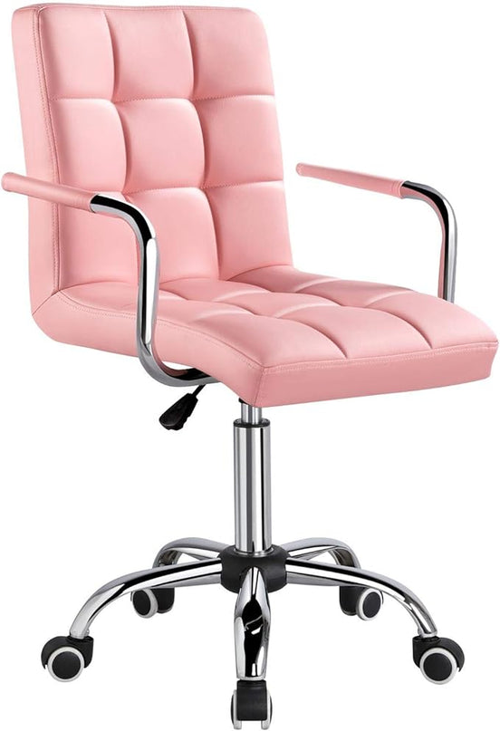 Yaheetech Desk Chairs with Wheels/Armrests Modern PU Leather Office Chair Height Adjustable Home Computer Executive Chair on Wheels 360° Swivel - Pink - LeafyLoom
