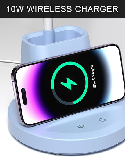 LED Desk Lamp with Wireless Charger for Home Office, Small with Pen Holder, 800LM,3 Color Modes,Gooseneck, Eye-Caring White Desk Lamps for Home College Dorm Room,Blue - LeafyLoom