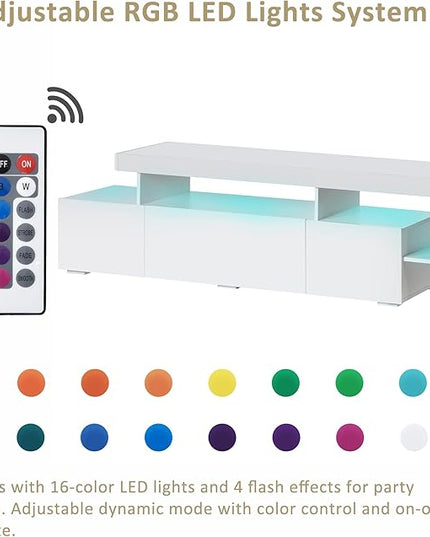 Merax Modern Style 16-Colored LED Lights TV Cabinet Up to 70 inch Television, UV High Gloss Surface Entertainment Center with DVD Shelf, 73.2" Length, White - LeafyLoom