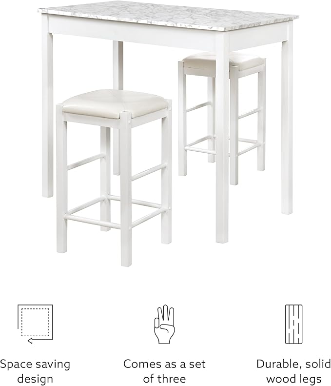Linon White 3 Piece Faux Marble Tavern Set - LeafyLoom