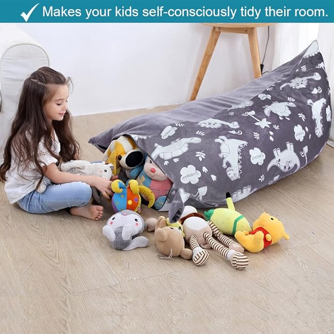 Stuffed Animal Storage Bean Bag Chair Cover | 53" Extra Large Beanbag for Kids and Adults, Plush Toys Holder and Organizer for Boys and Girls | Premium Velvet - Soft & Comfortable (Dinosaurs) - LeafyLoom