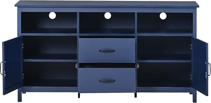 57 Inch TV Stand, Modern Television Stands with 2 Doors, 2 Drawers and Open Style Cabinet, Entertainment Center/Sideboard with Ample Storage Space for Living Room and bedroom, Navy - LeafyLoom