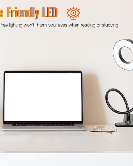 Clamp on Lamp, Desk Lamps, 8W Clip Light, Warm & Daylight & White Light 3 Colors, 10 Dimmable Illumination Modes (Black) - LeafyLoom