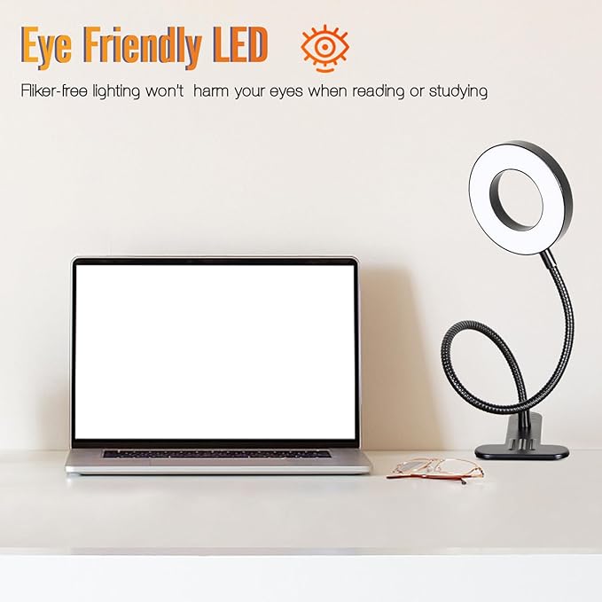 Clamp on Lamp, Desk Lamps, 8W Clip Light, Warm & Daylight & White Light 3 Colors, 10 Dimmable Illumination Modes (Black) - LeafyLoom