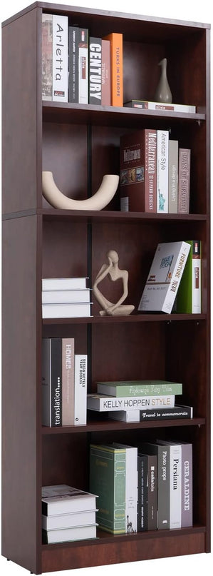 5 Shelf Wood Bookcase Freestanding Display Shelf Adjustable Layers Bookshelf for Home Office Library Small Narrow Space(Cherry, 5-Layers,24.4W x 11.6D x 68.9H inch) - LeafyLoom
