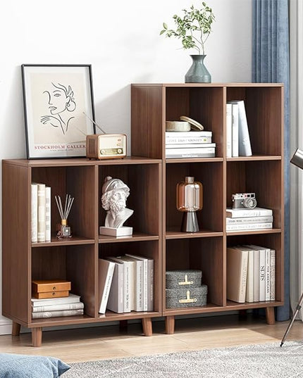 IOTXY Open Cube Low Bookcase - 3-Tier Freestanding Storage Display Cabinet Organizer with Legs for Home Office, 6-Cubes Open Shelf Short Bookshelf, Walnut - LeafyLoom