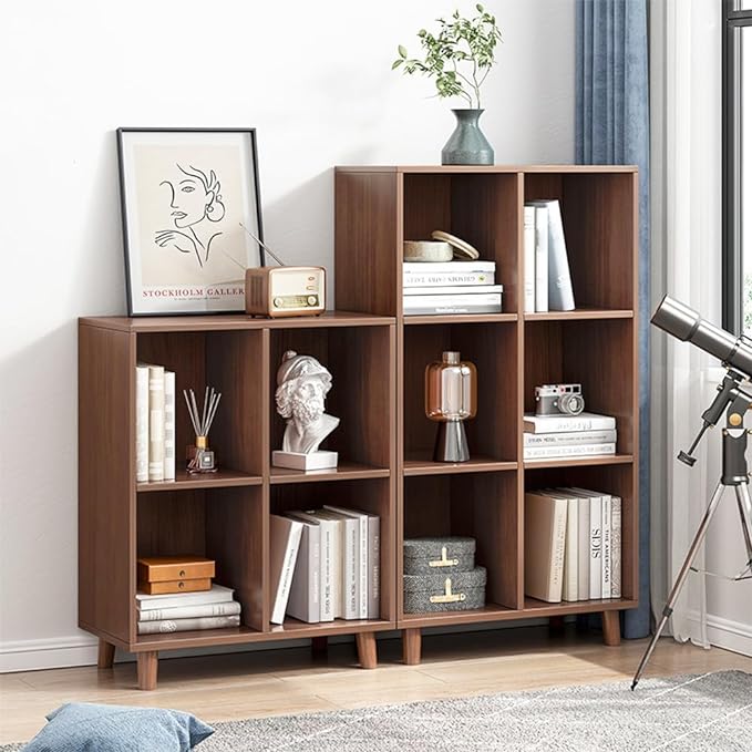 IOTXY Open Cube Low Bookcase - 3-Tier Freestanding Storage Display Cabinet Organizer with Legs for Home Office, 6-Cubes Open Shelf Short Bookshelf, Walnut - LeafyLoom