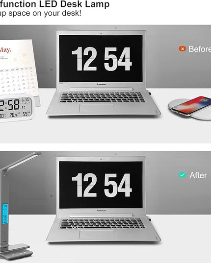 poukaran Desk Lamp, LED Desk Lamp with Wireless Charger, USB Charging Port, Table Lamp with Clock, Alarm, Date, Temperature, Office Lamp, Desk Lamps for Home Office, Grey - LeafyLoom