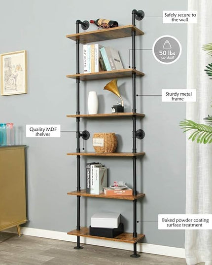 6-Tier Industrial Pipe Shelves Shelf Shelving Rustic Wood Metal Wrought Iron Ladder Bookcase Bookshelf Wall Mounted Mount DIY Loft Vintage Floating Hanging Storage Display (23.6x9.8x78.7”) - LeafyLoom