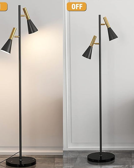 Modern Floor Lamp with 2 Adjustable Head Tall Pole Uplight for Living Room, Bedroom, Office,Gold and Black Corner Light for Reading,E26 Bulbs(Not Included) - LeafyLoom