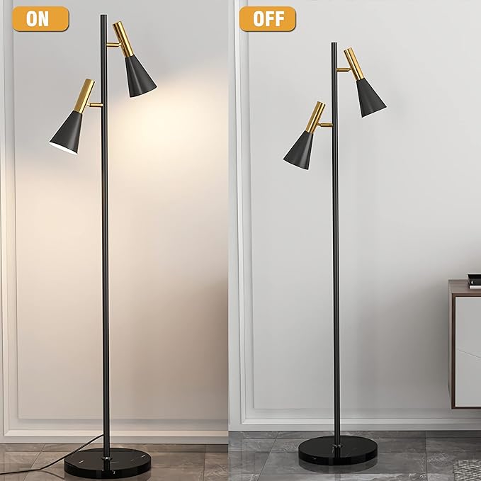 Modern Floor Lamp with 2 Adjustable Head Tall Pole Uplight for Living Room, Bedroom, Office,Gold and Black Corner Light for Reading,E26 Bulbs(Not Included) - LeafyLoom