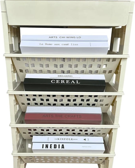 5 Tier Rolling Book Utility Cart, Removable Movable Bookshelf Organizer with Wheels, Storage Book Shelves, Book Rack for Study in Classroom Home School Office Light Yellow - LeafyLoom