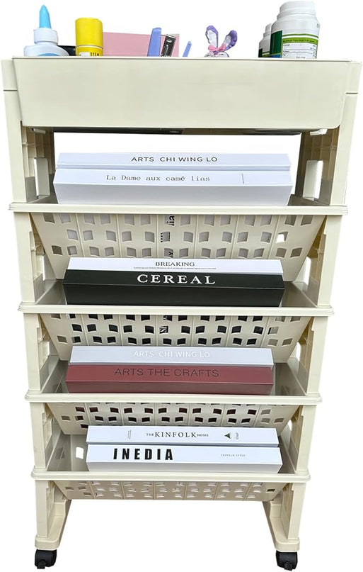 5 Tier Rolling Book Utility Cart, Removable Movable Bookshelf Organizer with Wheels, Storage Book Shelves, Book Rack for Study in Classroom Home School Office Light Yellow - LeafyLoom