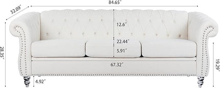 3-Seaters Living Room Clasic Chesterfield Sofa Couch Button Tufted PU Leather Upholstered Sofa&Couch with Luxury Roller Armrest Crystal Legs Movable Cushions & Nailhead Decor - LeafyLoom
