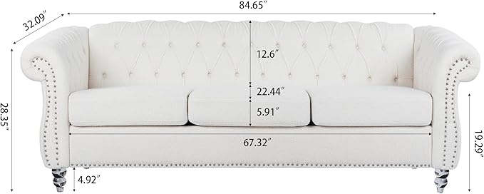 3-Seaters Living Room Clasic Chesterfield Sofa Couch Button Tufted PU Leather Upholstered Sofa&Couch with Luxury Roller Armrest Crystal Legs Movable Cushions & Nailhead Decor - LeafyLoom