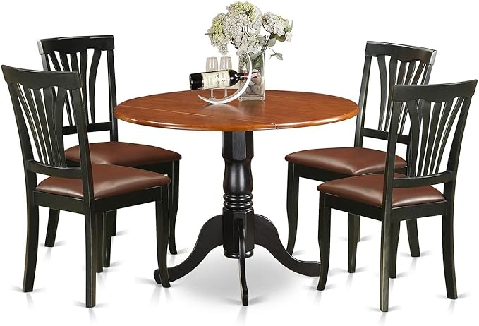 East West Furniture DLAV5-BCH-LC 5 Piece Dinette Set for 4 Includes a Round Dining Room Table with Dropleaf and 4 Faux Leather Kitchen Dining Chairs, 42x42 Inch, Black & Cherry - LeafyLoom