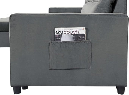 Velvet L-Shaped Sectional Sofa Sleeper with Storage Chaise & Side Pocket, Reversible 3 Seater Corner Couch with Pull Out Bed for Living Room Apartment Small Space, Dark Gray, 81.5 - LeafyLoom