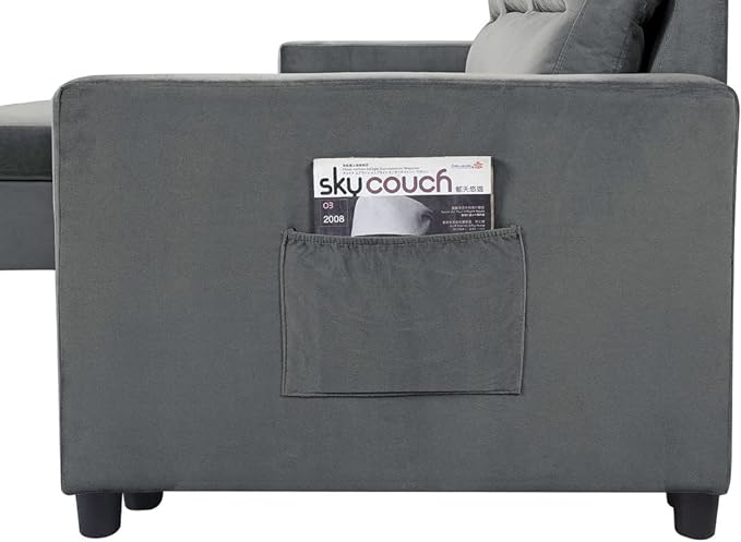 Velvet L-Shaped Sectional Sofa Sleeper with Storage Chaise & Side Pocket, Reversible 3 Seater Corner Couch with Pull Out Bed for Living Room Apartment Small Space, Dark Gray, 81.5 - LeafyLoom