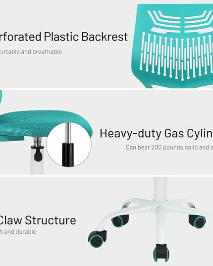 FurnitureR Desk Chair Armless Home Office Task Chair with Mesh Padded Cushion Swivel Study Chair with Rolling Wheels for Kids Teens Children, Turquoise - LeafyLoom
