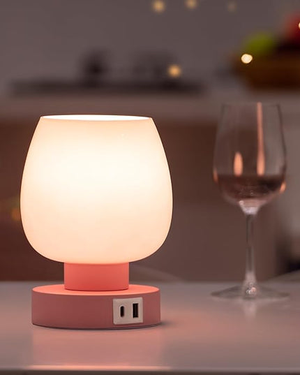 Touch Bedside Table Lamp - Pink Small Lamp for Bedroom with USB C+A Charging Ports 3 Way Dimmable, Nightstand Desk lamp with Glass Lamp Shade Warm LED Bulb Included, Simple Design Christmas - LeafyLoom