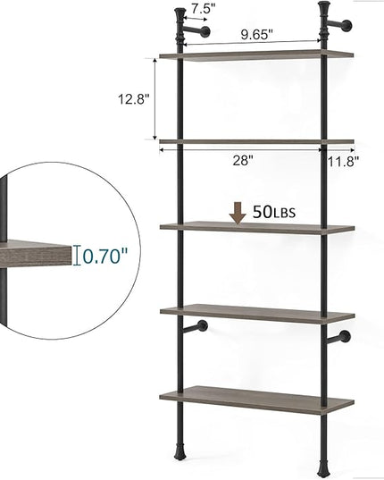 5 Tier Shelf, Wall Mounted Bookshelf, Industrial Bookcase, Open Display Shelves Tall Modern Book Case Standing Leaning Wall Shelves for Living Room Bedroom Home Office Kitchen, Oak Gray - LeafyLoom