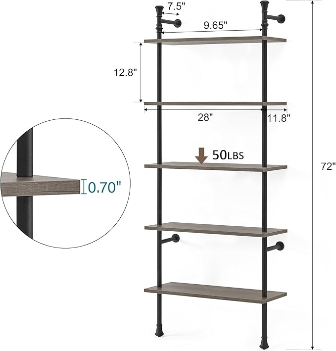 5 Tier Shelf, Wall Mounted Bookshelf, Industrial Bookcase, Open Display Shelves Tall Modern Book Case Standing Leaning Wall Shelves for Living Room Bedroom Home Office Kitchen, Oak Gray - LeafyLoom