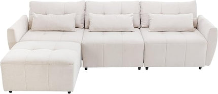 113.3" L-Shaped Sectional 3-Seat Sofa, Convertiblet Chenille Upholstered Couch with Movable Ottoman and two USB Ports for Apartment, Living Room, Bedroom, 113.3 Inch, Beige - LeafyLoom